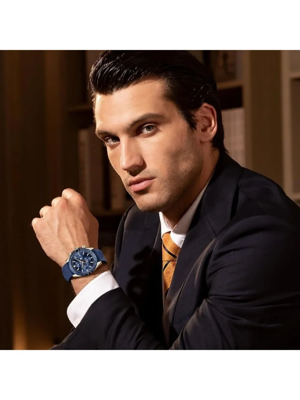 Men's Blue Gold Analog Silicone Strap Chronograph Luminous Designer Casual Watch